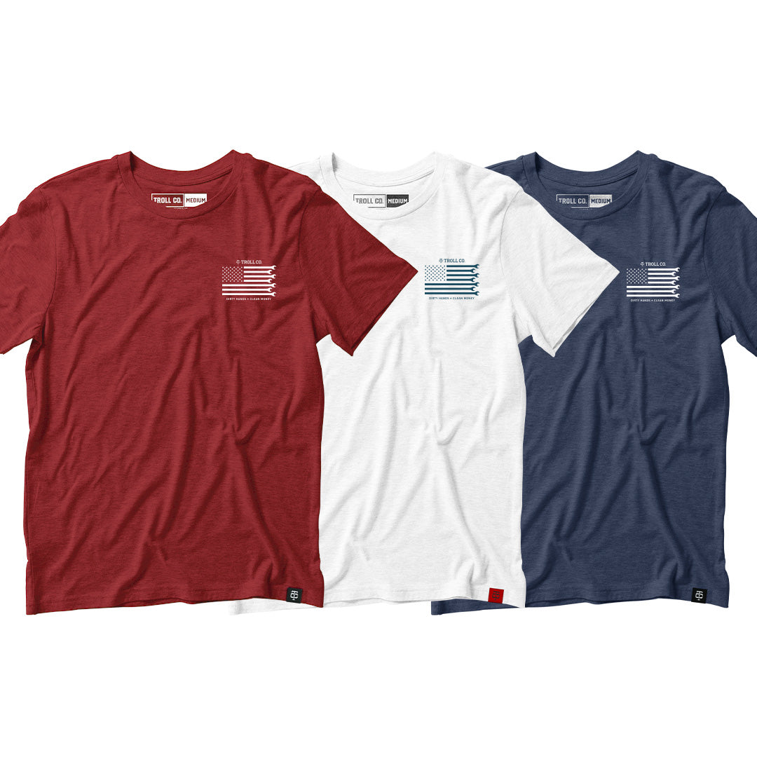 Uncle Sam's tees in red, white, and blue