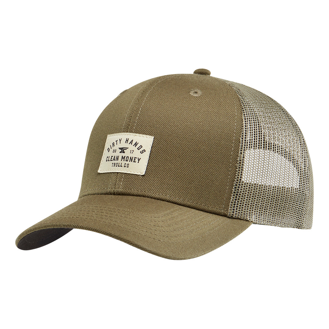 DHCM Woven Label Curved Brim Trucker Hat - Color: Military Green