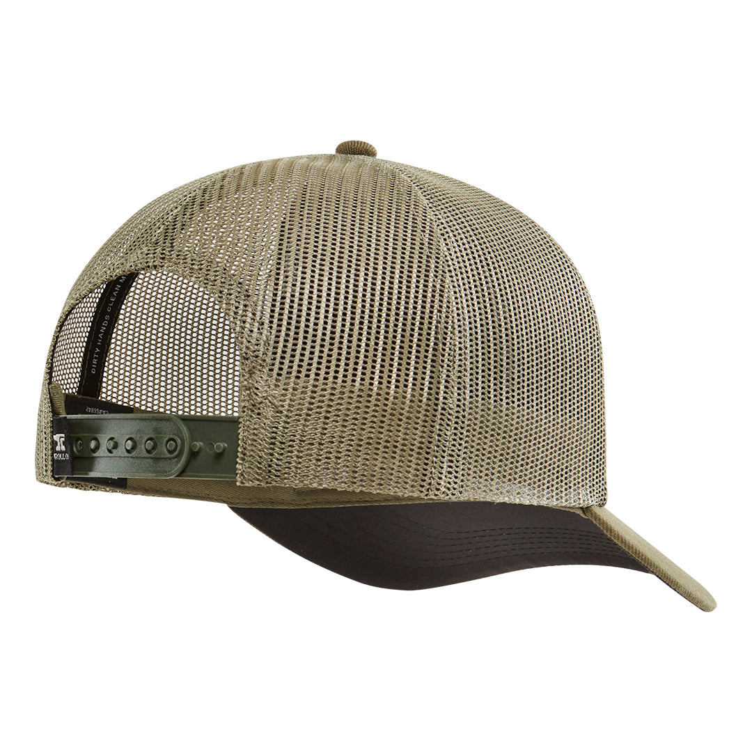 DHCM Woven Label Curved Brim Trucker Hat - Color: Military Green